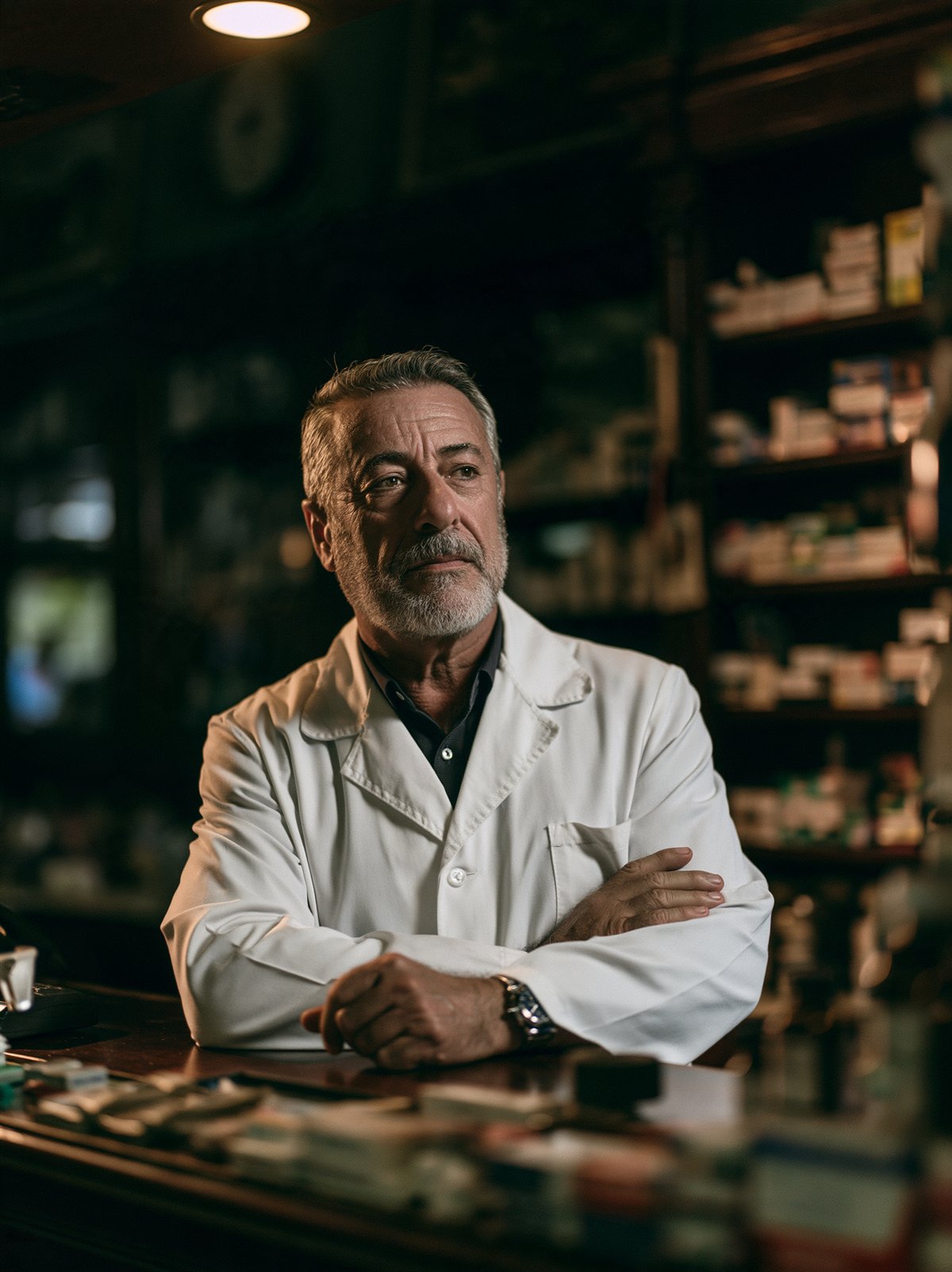 Φαρμακοποιός στον πάγκο του φαρμακείου του